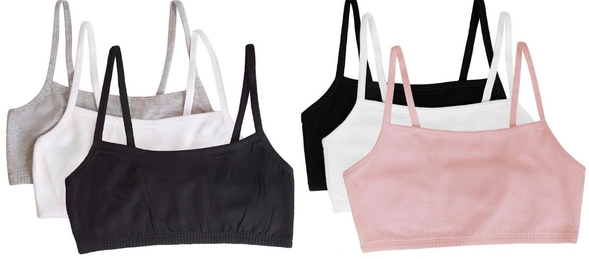 two stock images of Fruit of the Loom Women's Cotton Spaghetti Pullover Sports Bra 3-Packs with white, grey, black, and pink bras