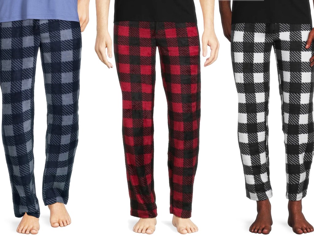 three men in blue, red, and white plaid pajama pants