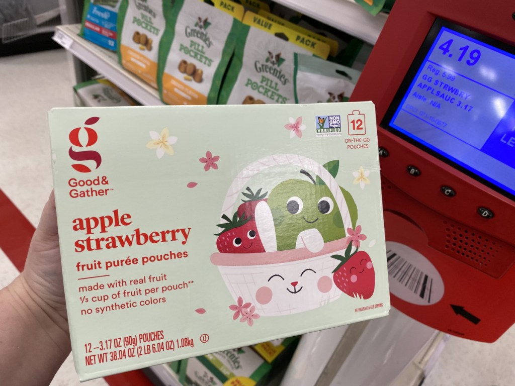 box apple strawberry fruit puree pouches in store