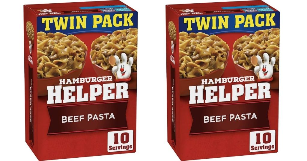 two side by side stock images of hamburger helper beef pasta