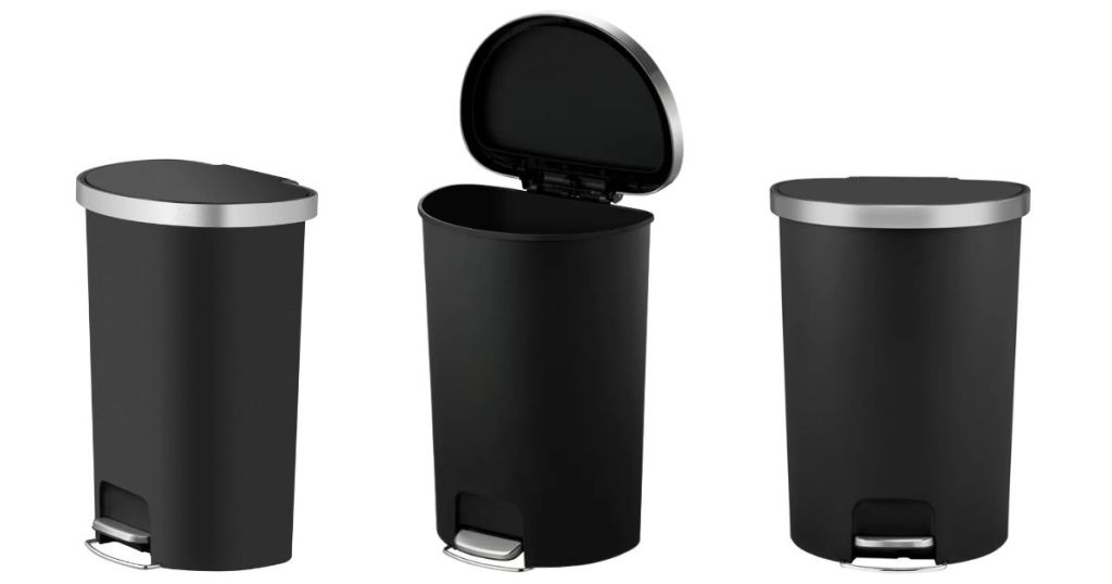 Better Homes & Gardens 14.5-gal Plastic Semi Round Kitchen Step Trash Can, Black shown at 3 different angles and with lid open