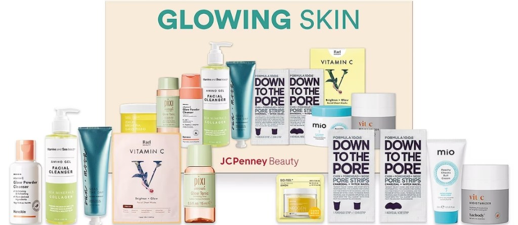 JCPenney beauty box that says Glowing Skin with a variety of skincare samples in front of it