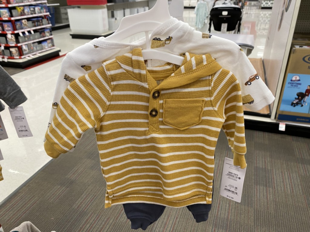 baby boy yellow and white striped hoodie and pants set in store