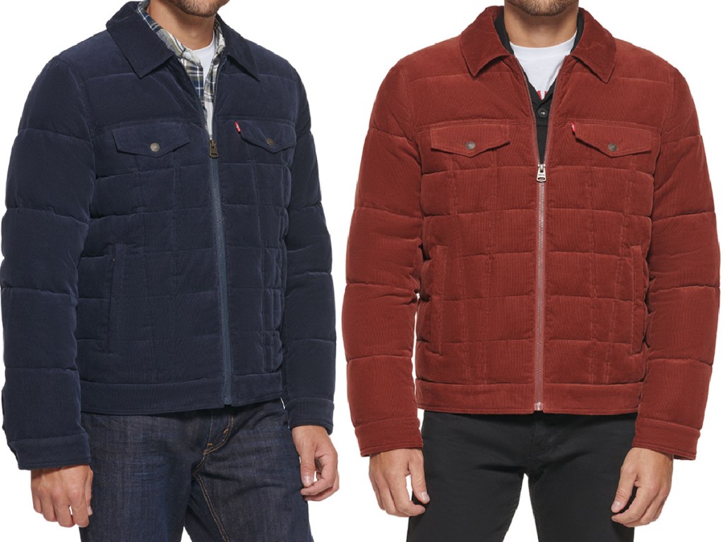 man in navy blue quilted jacket and man in red quilted jacket