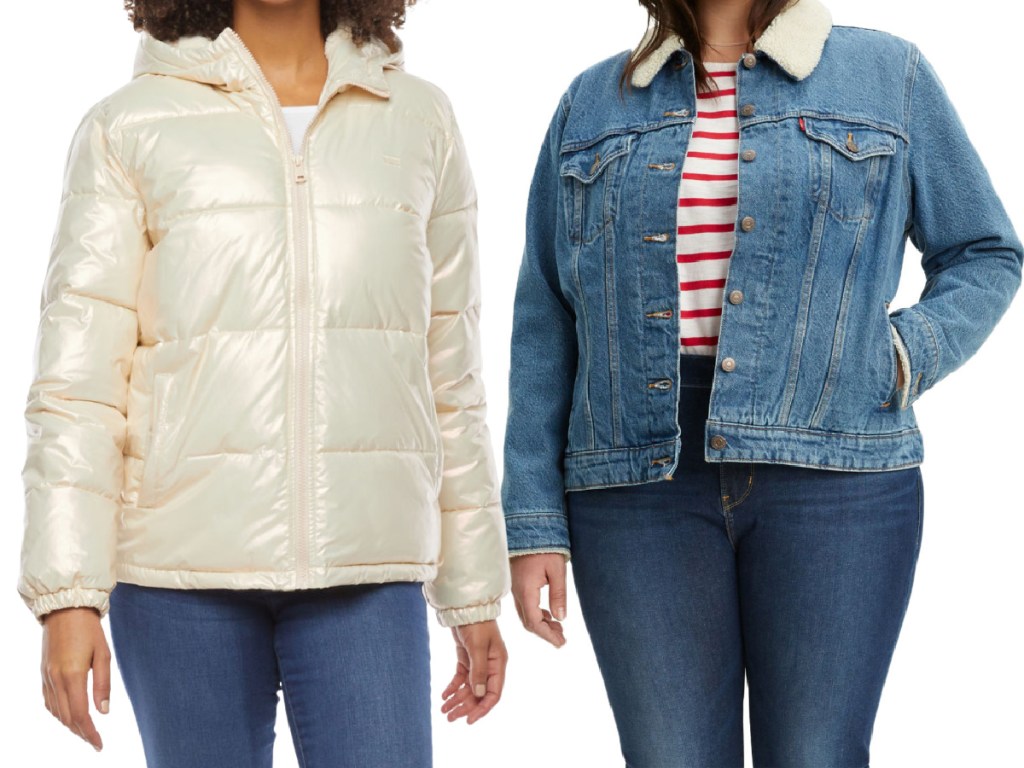 woman in white puffer jacket and woman in denim jacket