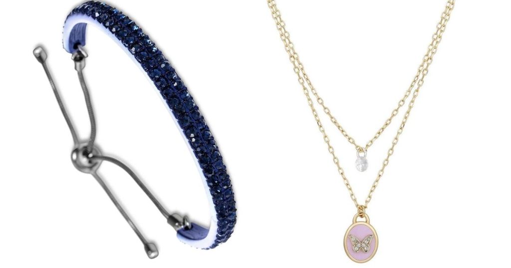 blue bracelet and butterfly necklace