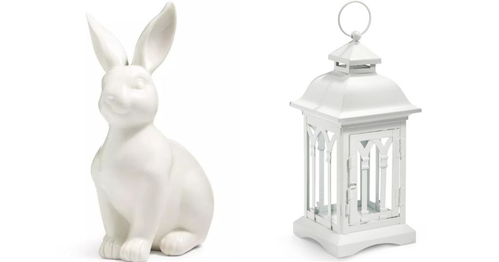 white bunny figurine and white lantern candle holder