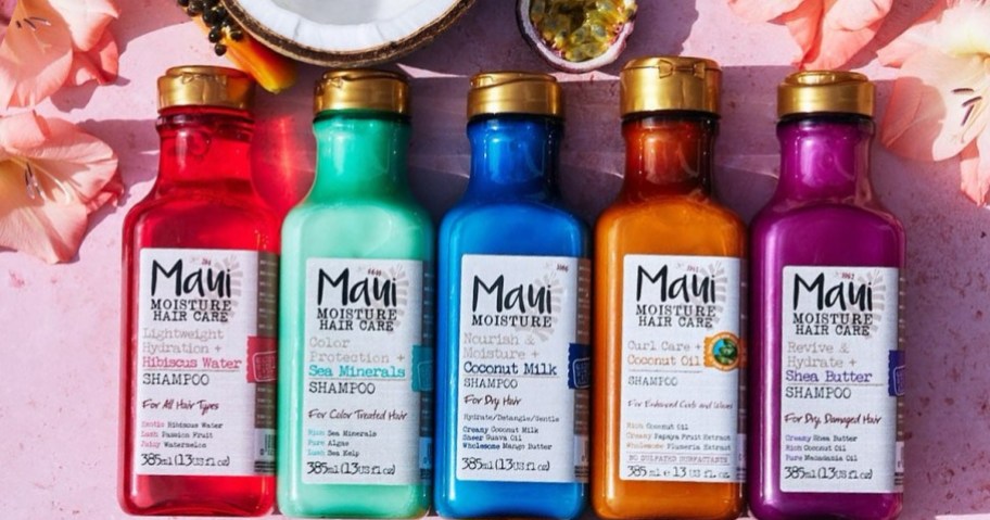 colorful bottles of Maui Moisture shampoos in a row