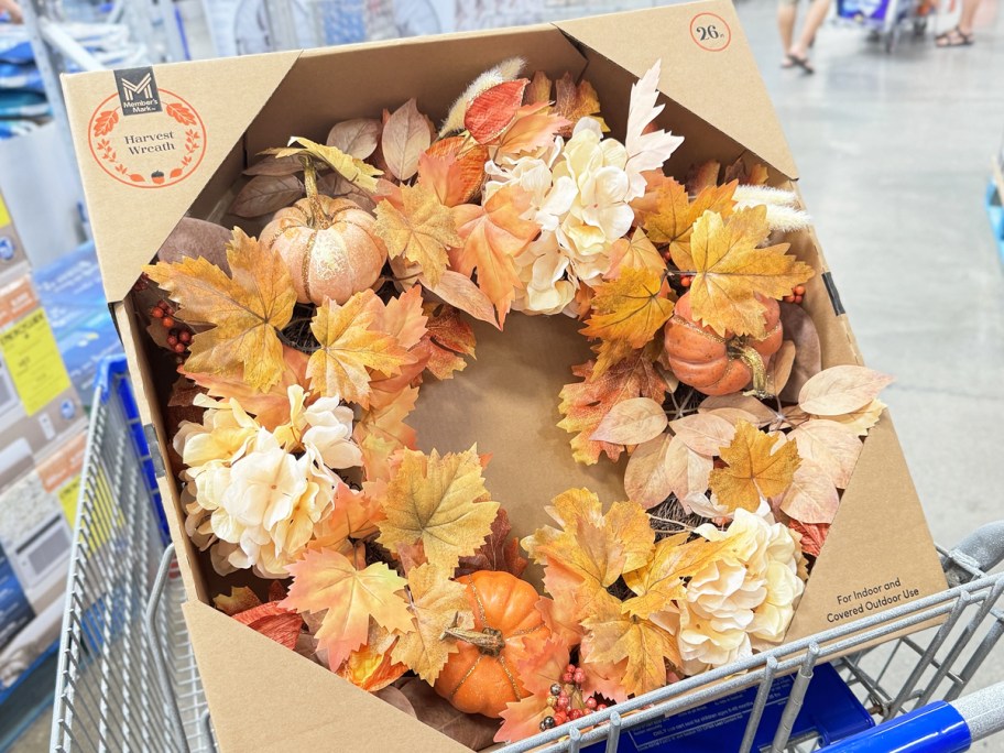 fall wreath with leaves and pumpkins in shopping cart