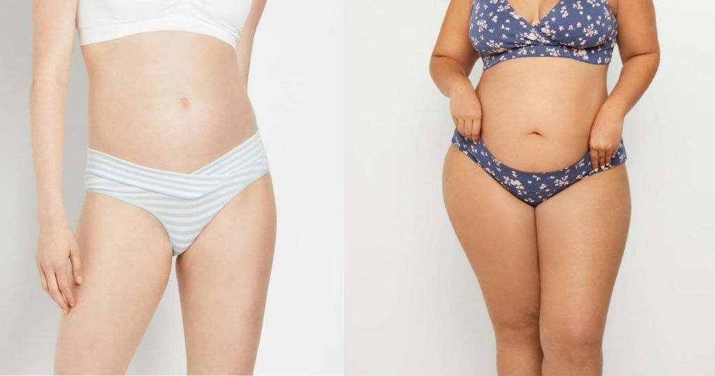 woman wearing striped maternity undies and woman wearing floral maternity undies