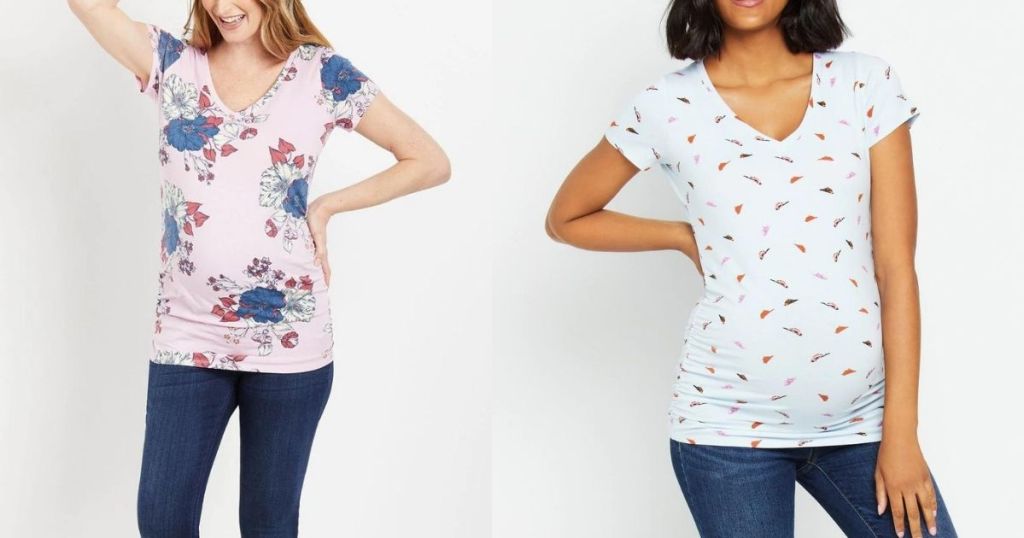 woman wearing floral maternity top and woman wearing side ruche maternity top