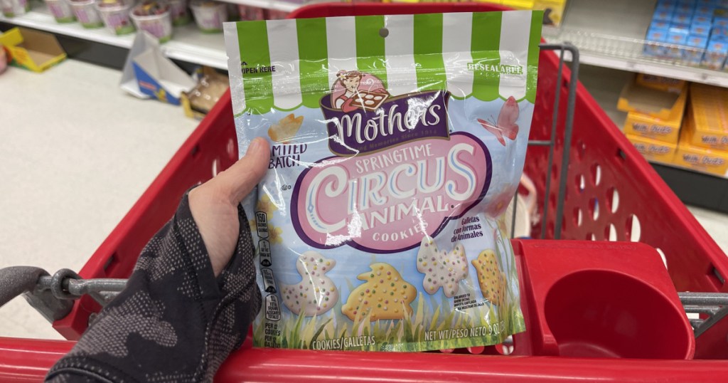 hand holding bag of animal-shaped sugar cookies in store