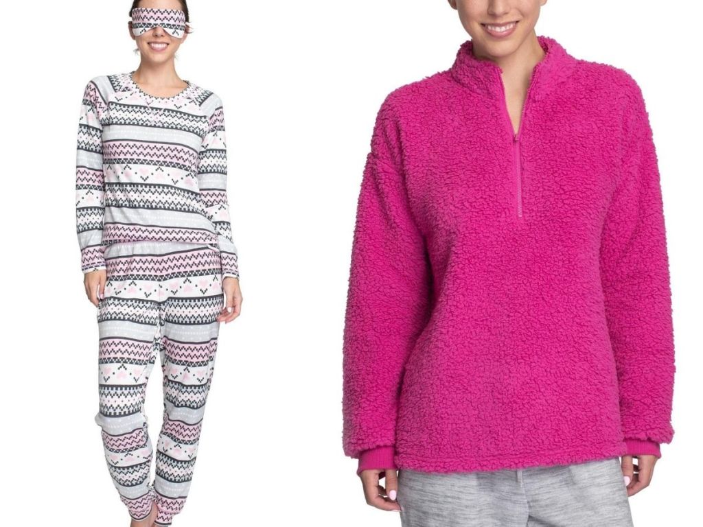 woman wearing matching pajamas and sleep mask and woman wearing pink sherpa pullover