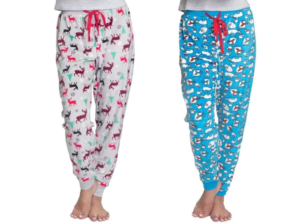 woman wearing reindeer pajamas and snowman pajamas