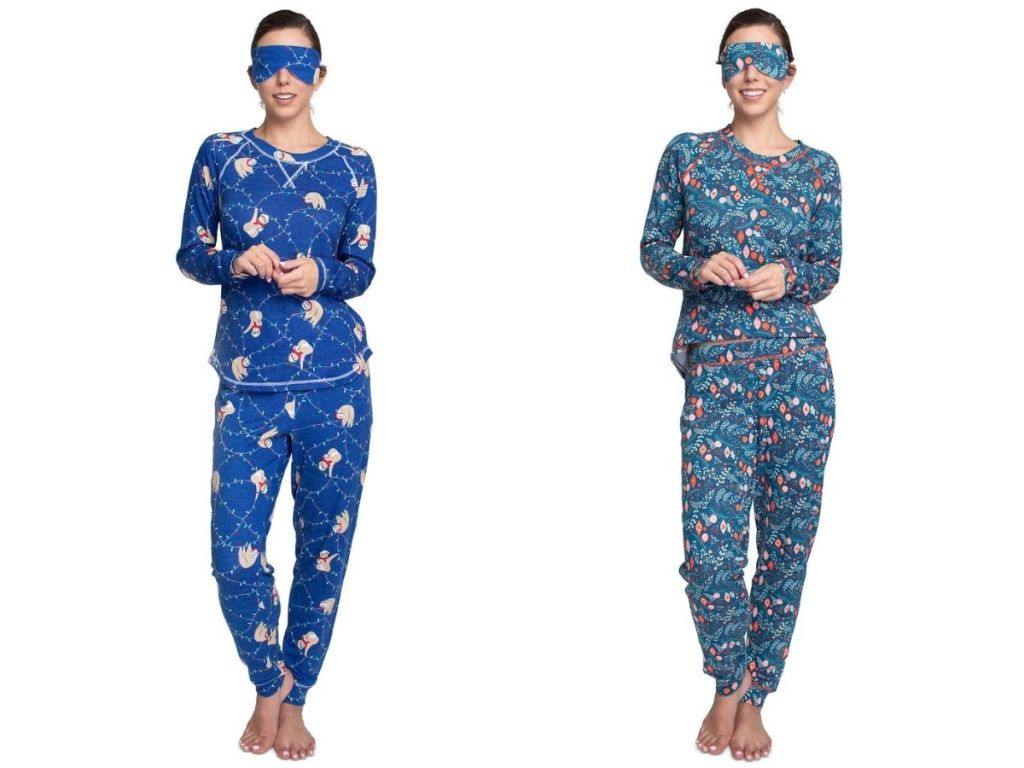 women wearing matching pajamas and sleep masks