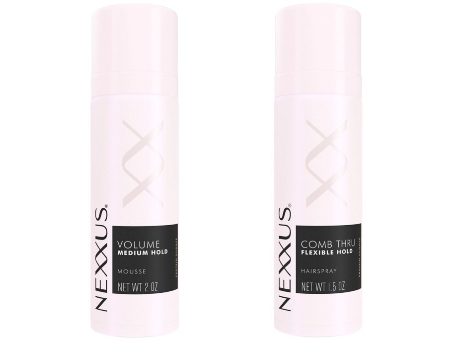 two mini pink bottles of nexxus mousse and hair spray