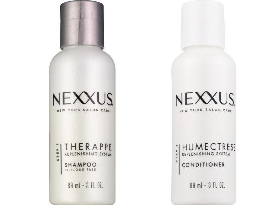 two mini white bottles of nexxus shampoo and conditioner