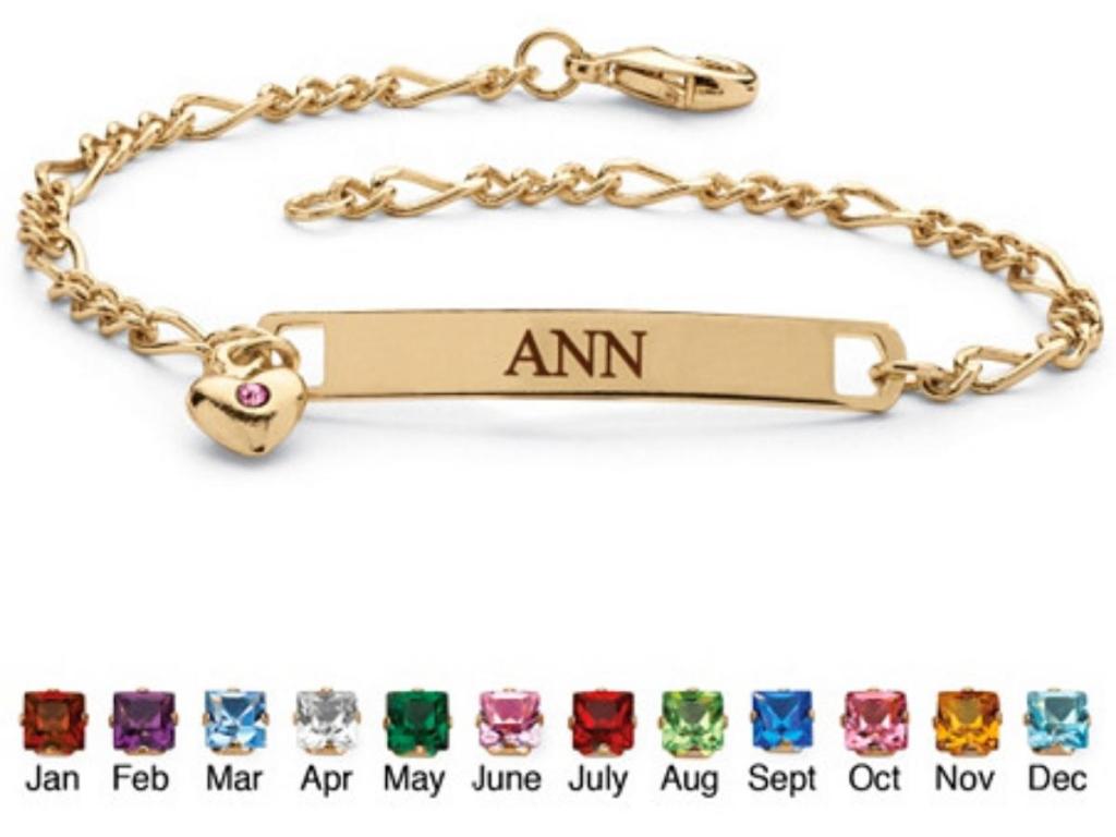 Simulated Birthstone Personalized I.D. Bracelet With Heart Charm In Yellow Gold Tone