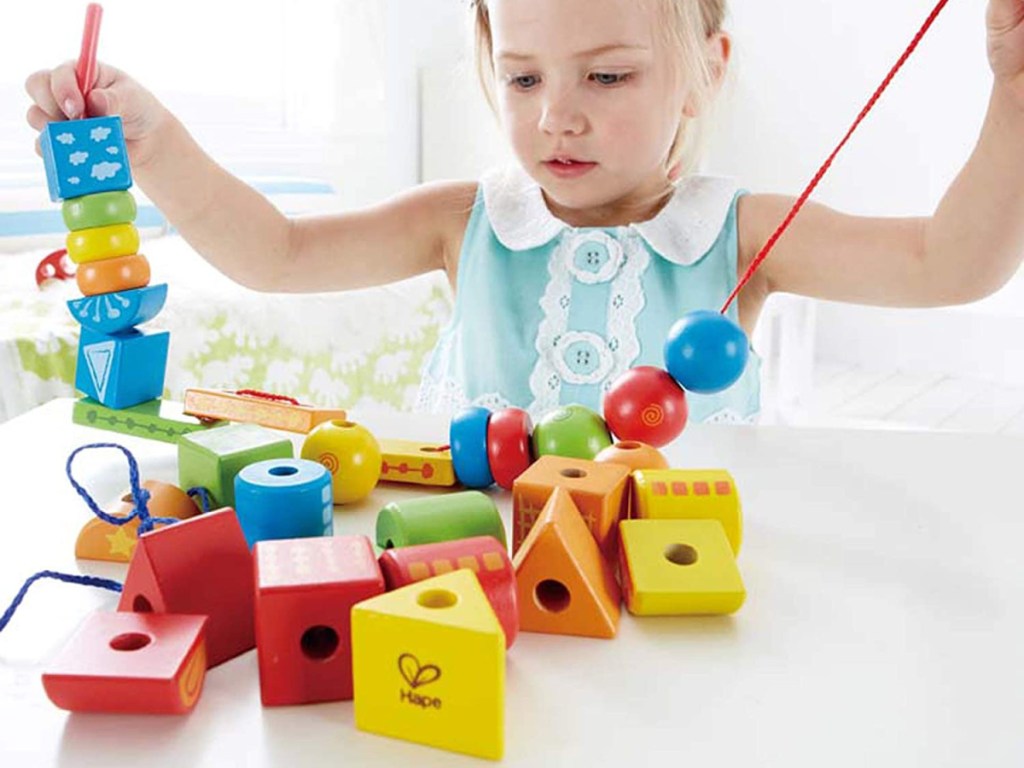 Piece Hape String Along Shapes Wooden Stacking/ Lacing Blocks 32 Pieces