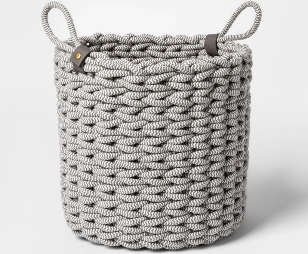 Project 62 Coiled Rope Fishtail Weave Basket with Faux Leather Accent Gray