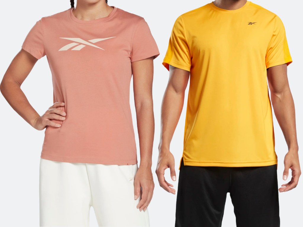 woman in pink logo tee and man in yellow logo tee