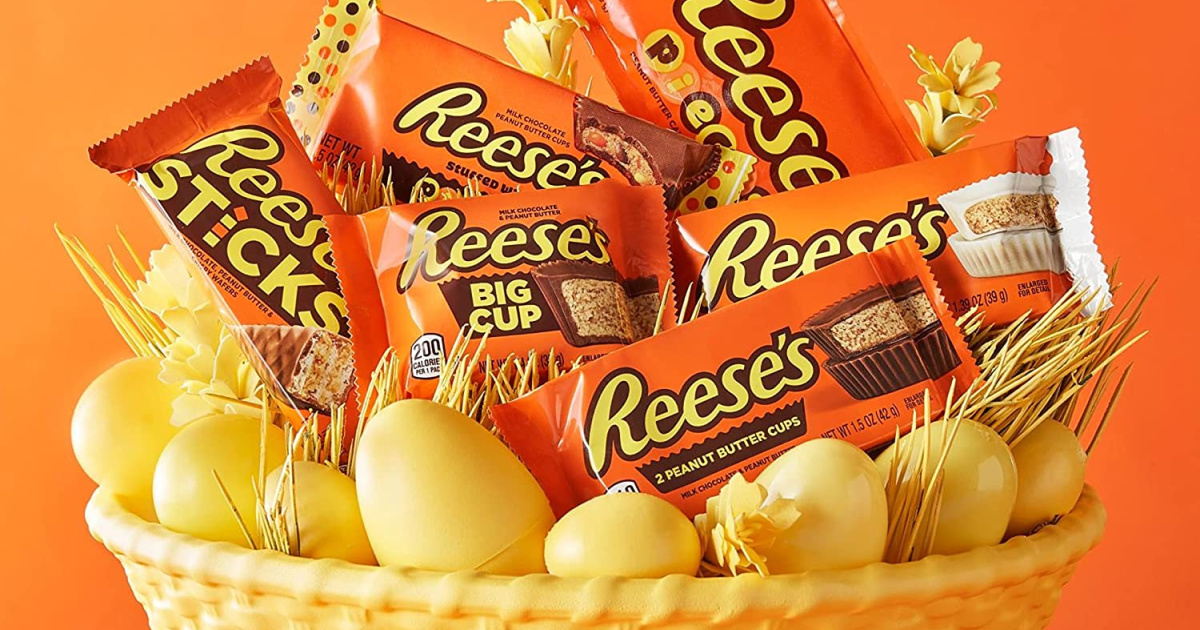 Easter basket filled with eggs and Reese's candy