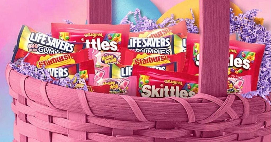 Skittles, Lifesaver Gummies, and Starbursts in Easter basket
