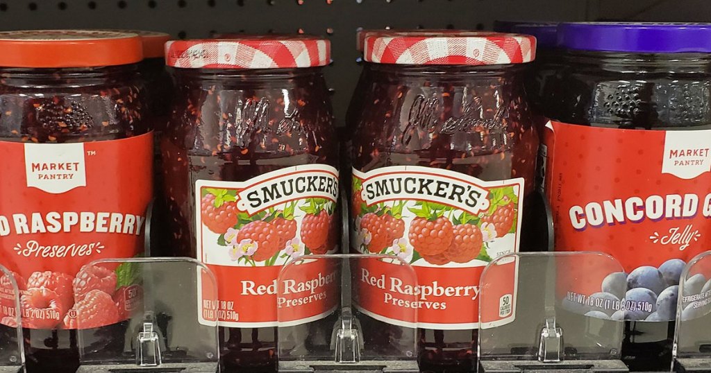 Smucker's Red Raspberry Preserves on store shelf