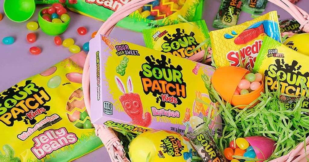 Easter Basket filled with Sour Patch Kids Easter candies