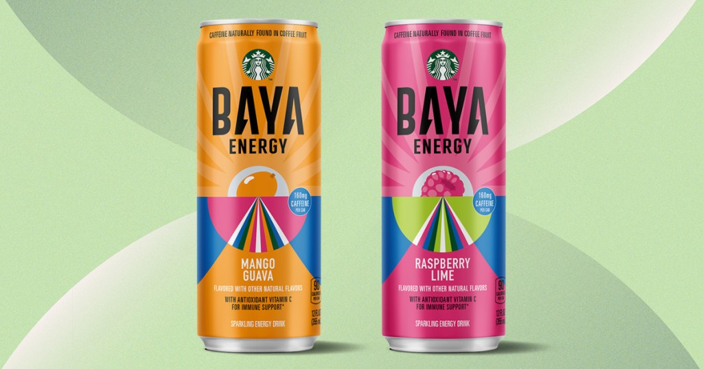 2 cans of Starbucks Baya Energy drinks with green background
