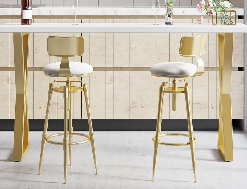 gold and white bar stools