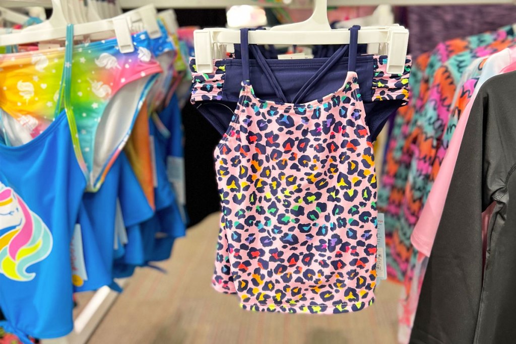 girls bathing suit sets on store display