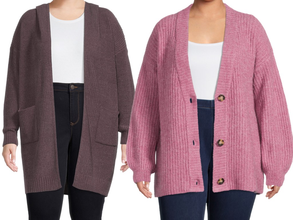 woman in purple cardigan and woman in pink buttoned cardigan