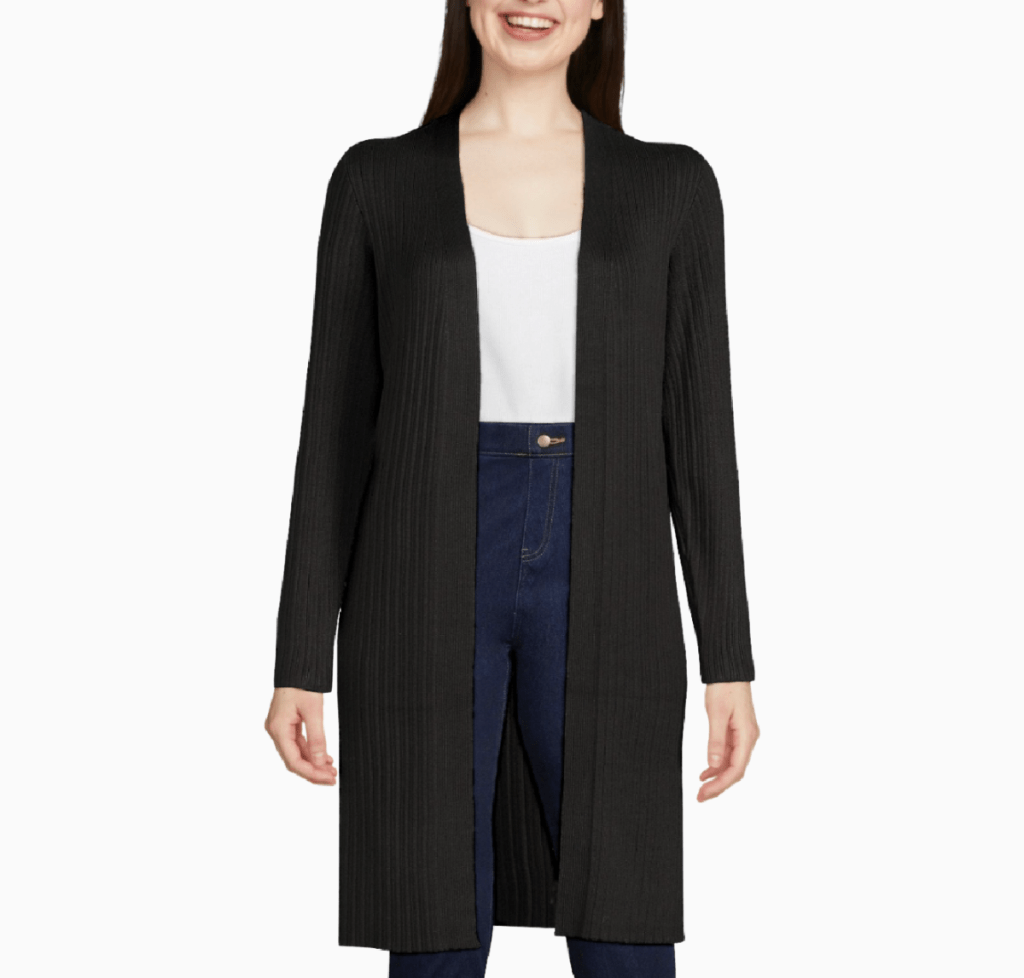 Woman wearing a ribbed black cardigan from Walmart