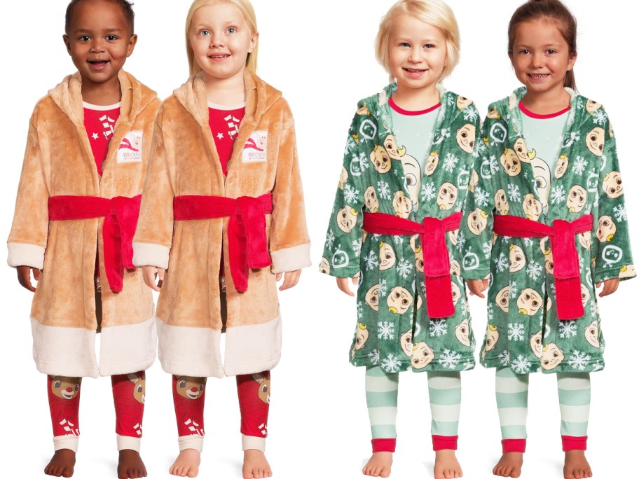 four kids in christmas pajama and robe sets