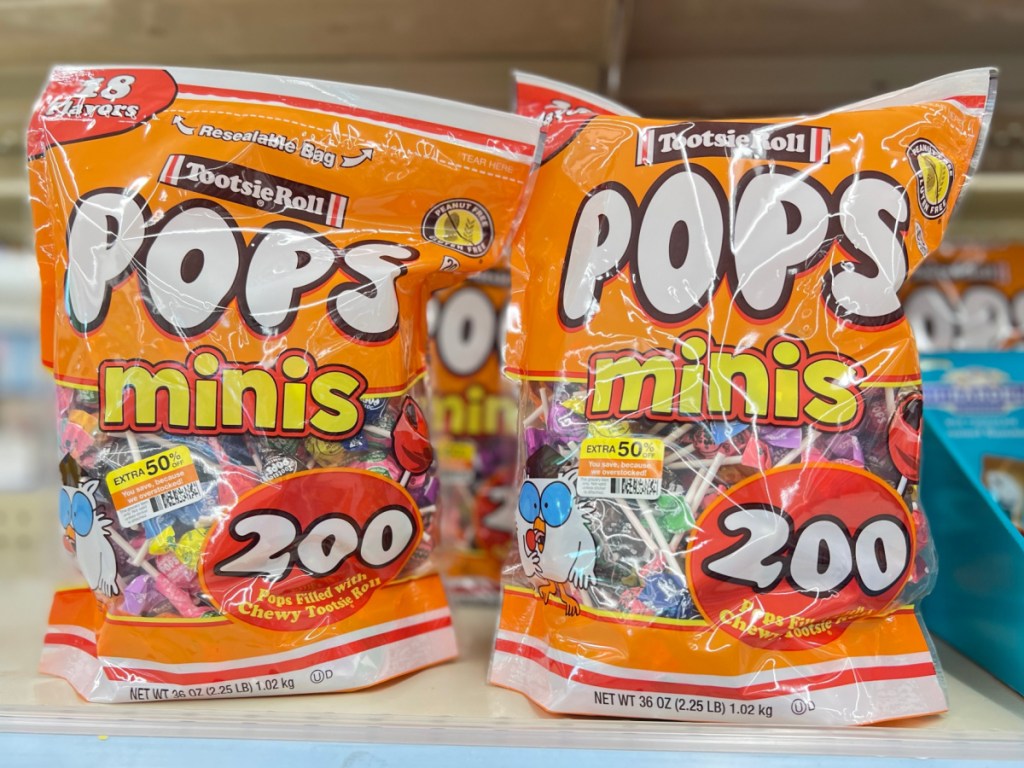 large bags of mini lollipops on store shelf