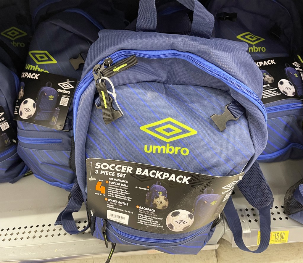 blue soccer backpack set on store shelf