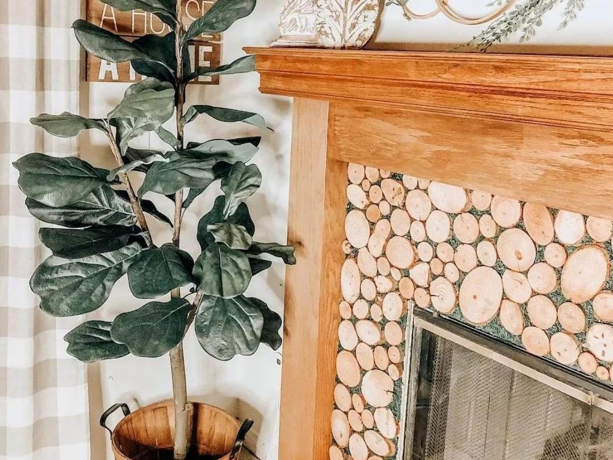 Valerie 5' Fiddle Leaf Tree next to fireplace