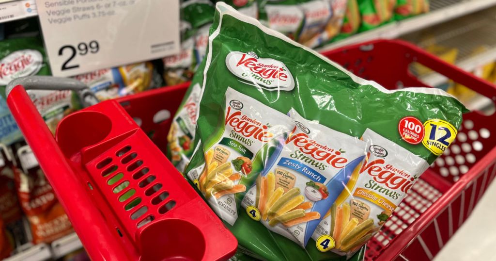 green bag of veggie chips in red cart 