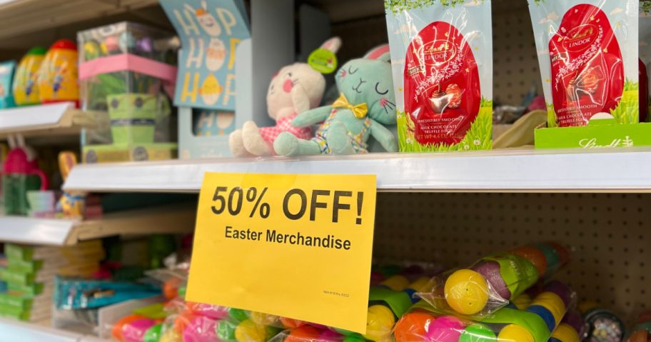 close up of easter clearance sign on store shelf with easter basket stuffers
