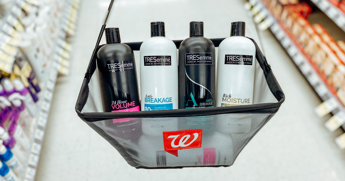 TRESemme shampoo and conditioner bottles in Walgreen's bag