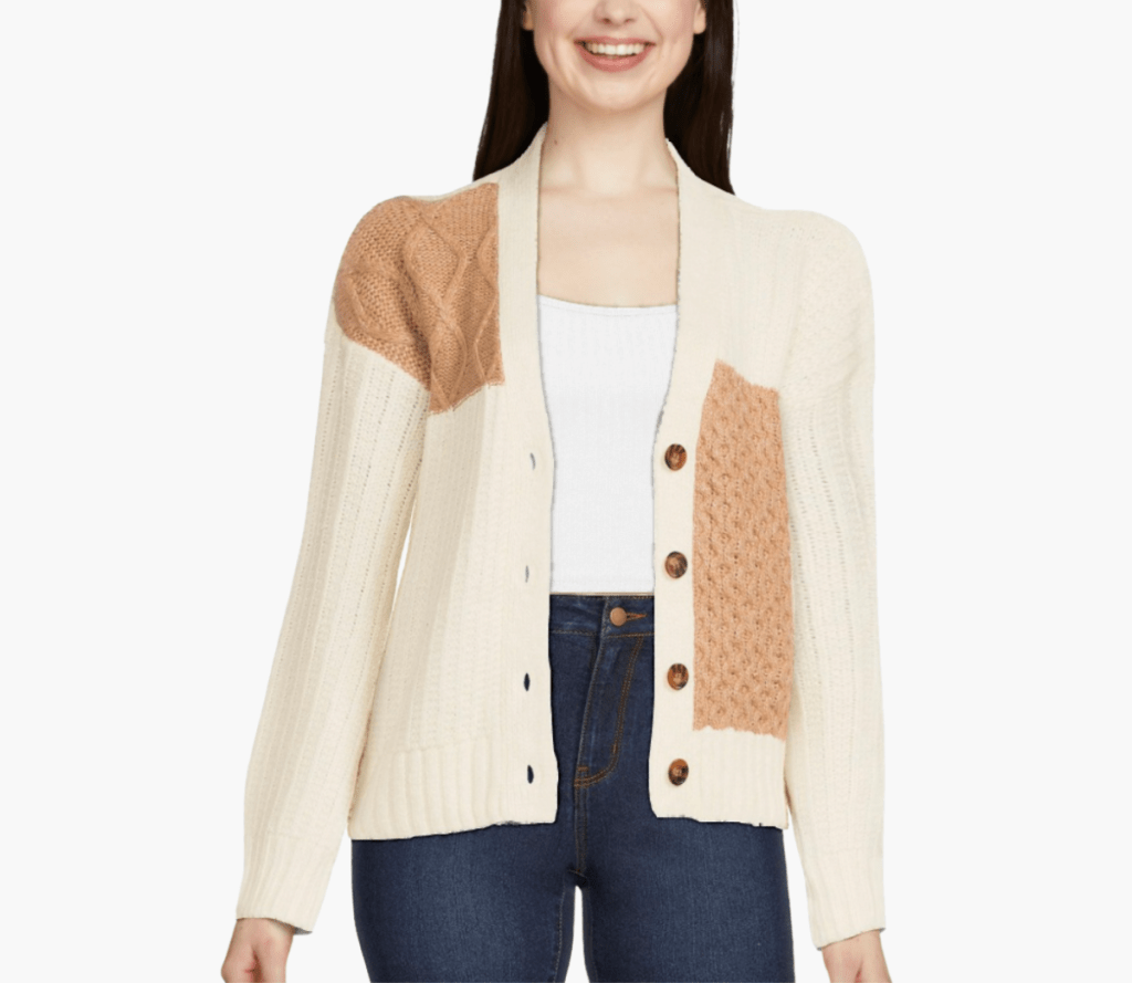 Woman wearing a color block cardigan from Walmart
