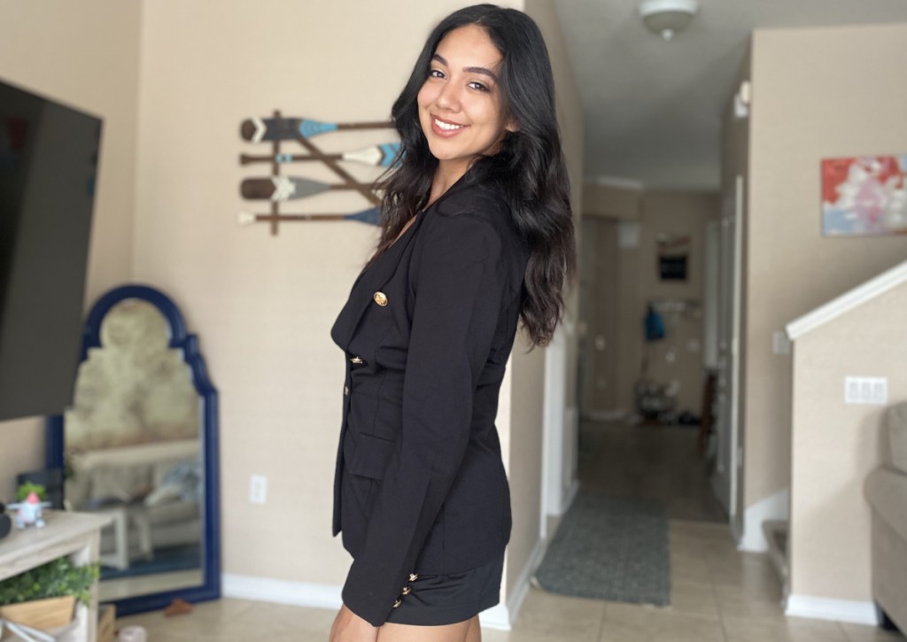 woman in black double breasted blazer 
