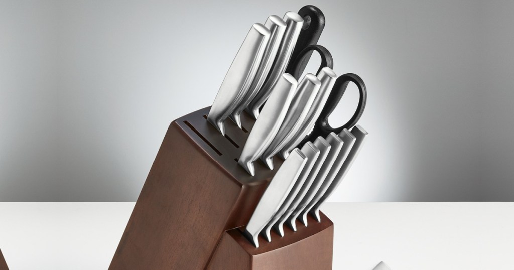 stainless steel knives in block