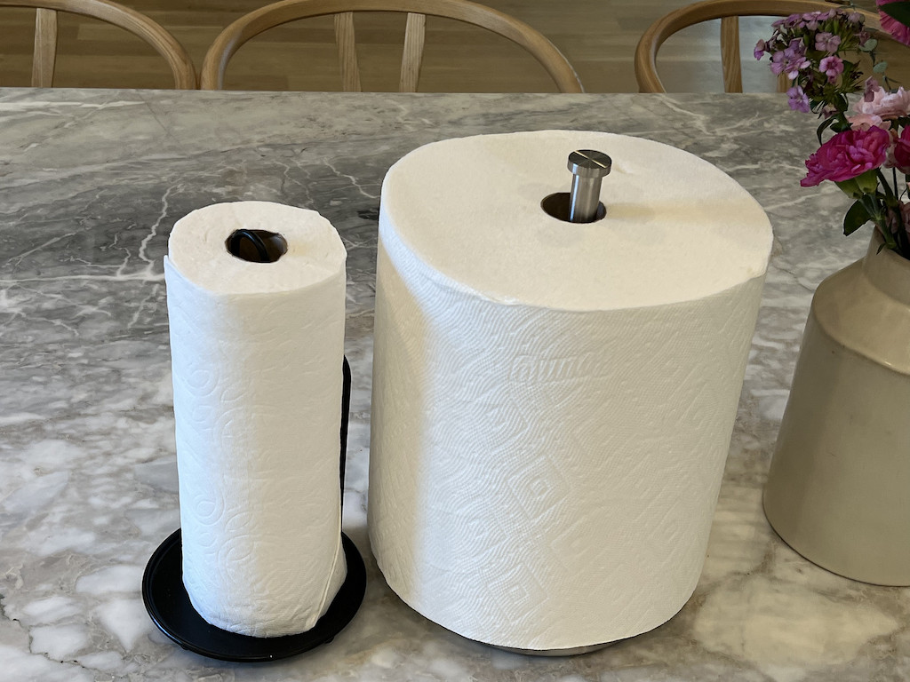 Bounty Forever paper towel roll next to regular roll 