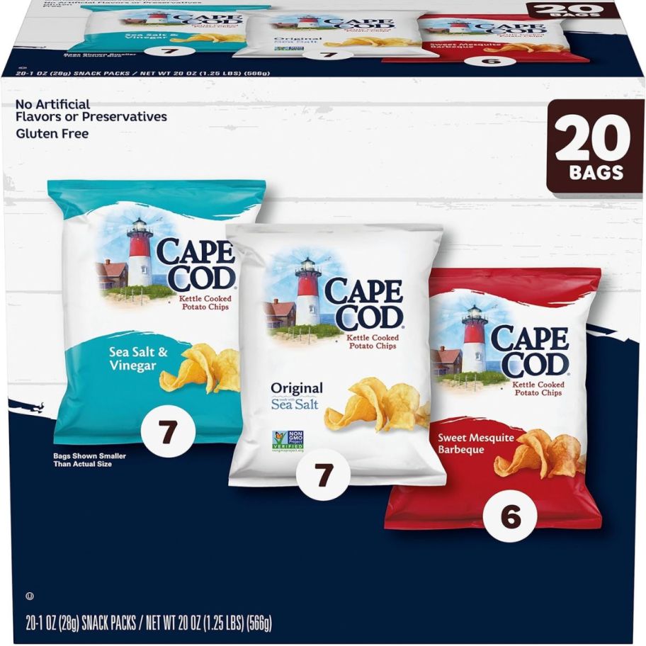 a 20 count variety pack box of potato chips on a white background