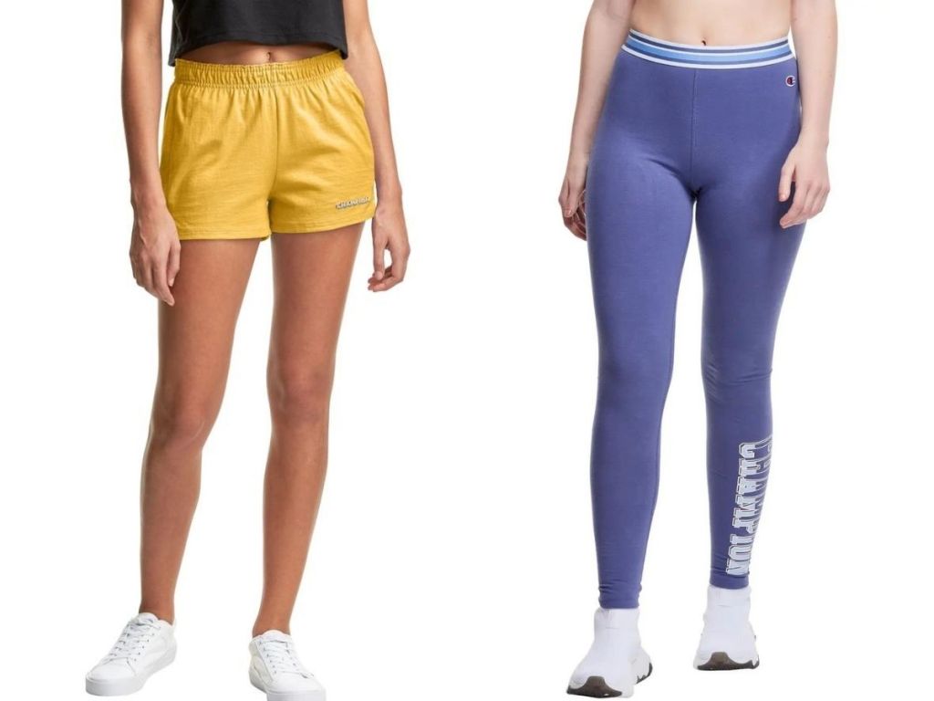 2 women wearing Champion shorts and leggings