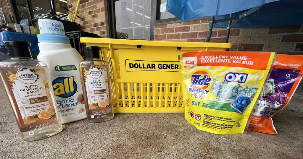 herbal essences, all and tide pods detergent next to dollar general shopping basket