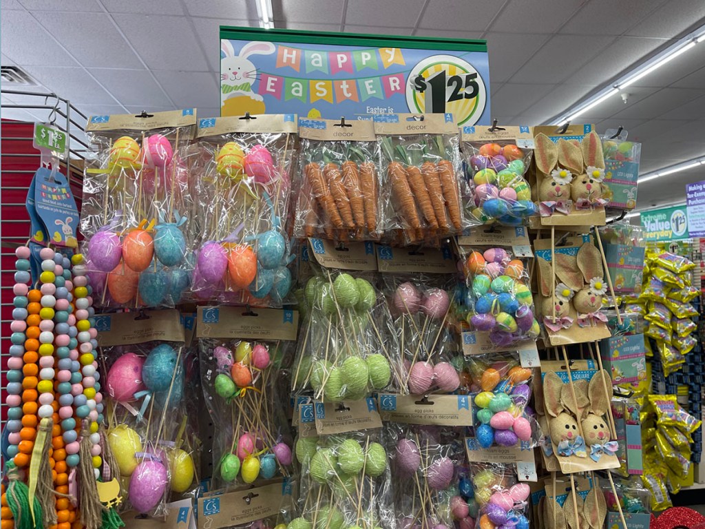 Assorted easter decor on shelf at dollar tree