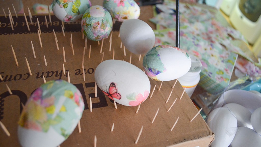 drying diy decoupage easter eggs on toothpick drying rack